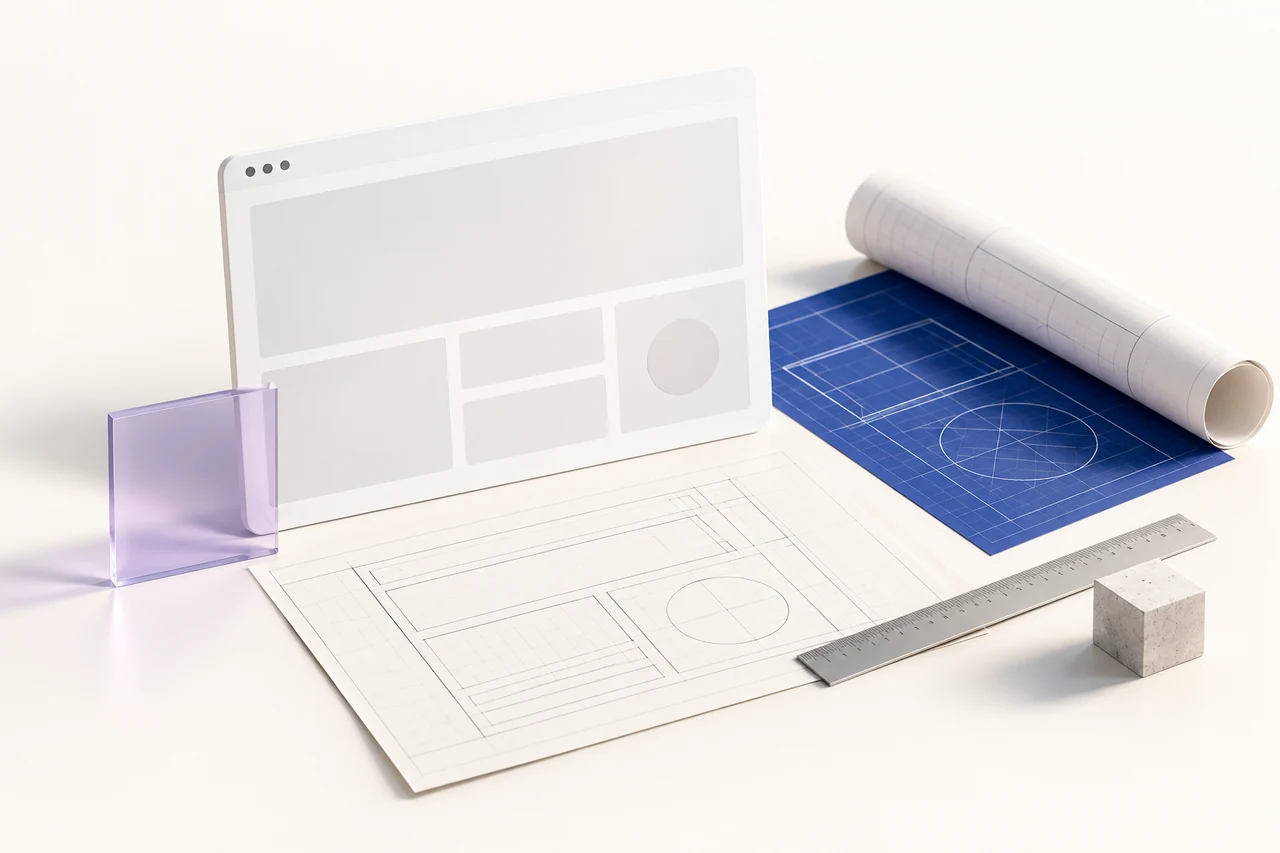Editorial illustration of a website layout, planning sheets and design tools