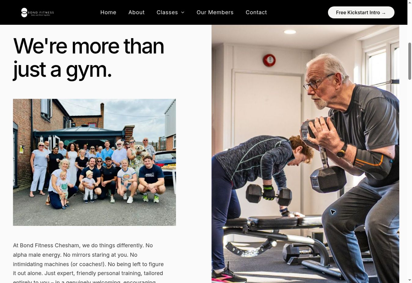 The people behind the gym - A section further down the homepage puts members and the gym’s atmosphere first.