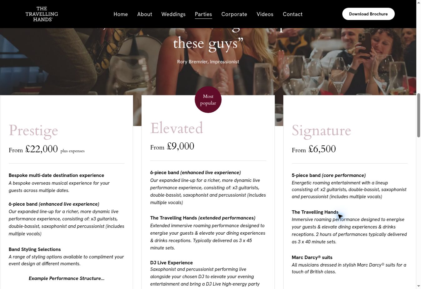 Choosing an experience - A detail from further down the parties page shows how the packages are presented.